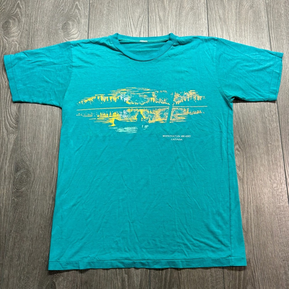 Vintage 80s Manitoulin Island Canada T Shirt Mens Large Teal Single Stitch Thin